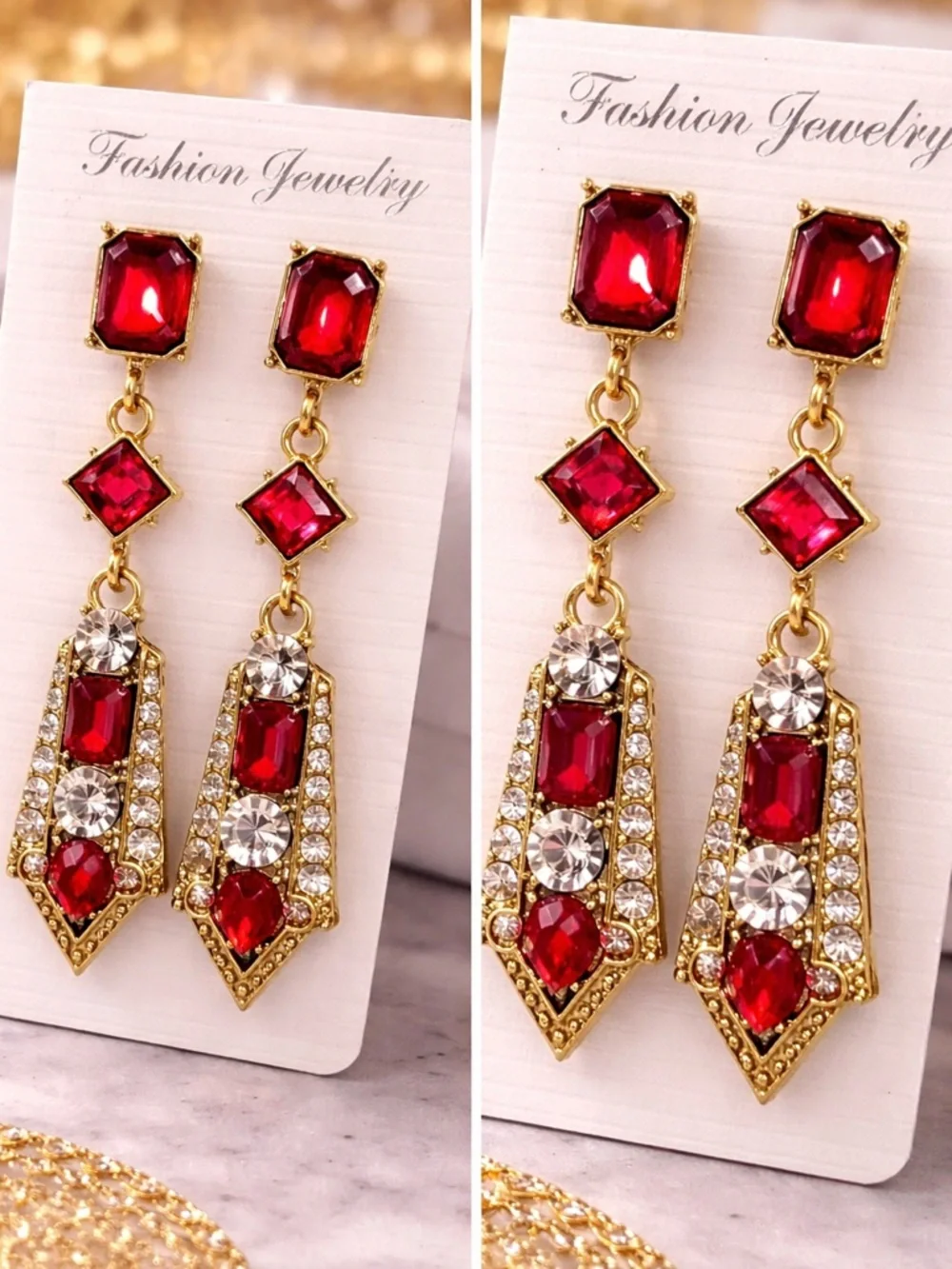 Art Deco Vintage Gatsby Gold-Tone Red Crystal Drop Earrings